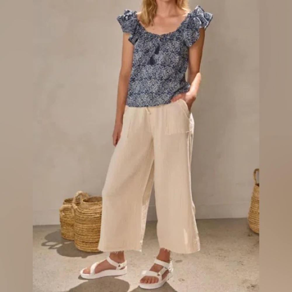 MELISSA NEPTON Summer Pant Pull On Wide Leg Waffle Cotton in Beige Clair Size L